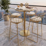 Modern Gold Metal Bar Table Set with 4 Wire Frame Counter Stools – White Cushioned Seating - Image 2