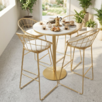 Modern Gold Metal Bar Table Set with 4 Wire Frame Counter Stools – White Cushioned Seating - Image 3