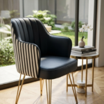 Modern Black & White Striped Accent Dining Chair with Gold Metal Legs