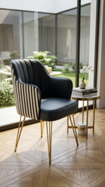 Modern Black & White Striped Accent Dining Chair with Gold Metal Legs