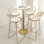 Modern Gold Metal Bar Table Set with 4 Wire Frame Counter Stools – White Cushioned Seating - Image 5