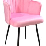 Elegant Pink Velvet Dining Chair with Armrests and Sleek Black Metal Legs