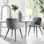 Modern Grey Upholstered Dining Chair with Quilted Back & Black Metal Legs