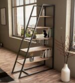 Industrial Ladder Style Bookshelf with Wooden Shelves & Metal Frame