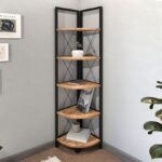 5-Tier Industrial Corner Shelf Unit with Wooden Shelves & Metal Frame