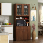 Modern Wooden Kitchen Storage Cabinet with Microwave Shelf & Glass Display Doors - Image 4