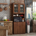 Modern Wooden Kitchen Storage Cabinet with Microwave Shelf & Glass Display Doors - Image 3