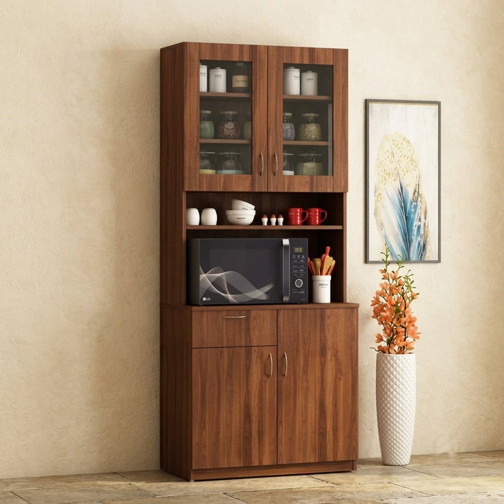 S3 Modern Wooden Kitchen Storage Cabinet with Microwave Shelf & Glass Display Doors - Image 1
